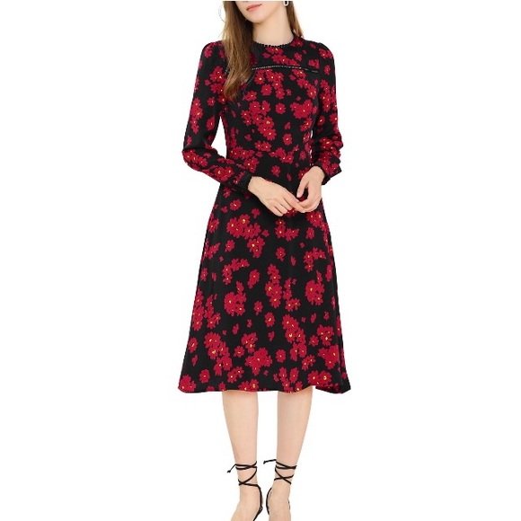 NWT Allegra K Vibrant Floral Modest Dress Navy Red Small - Picture 2 of 13